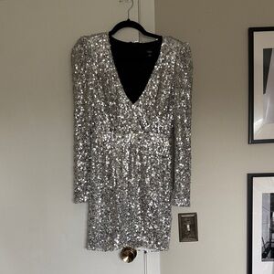 Lulu's Silver Sequin V-Neck Mini Dress